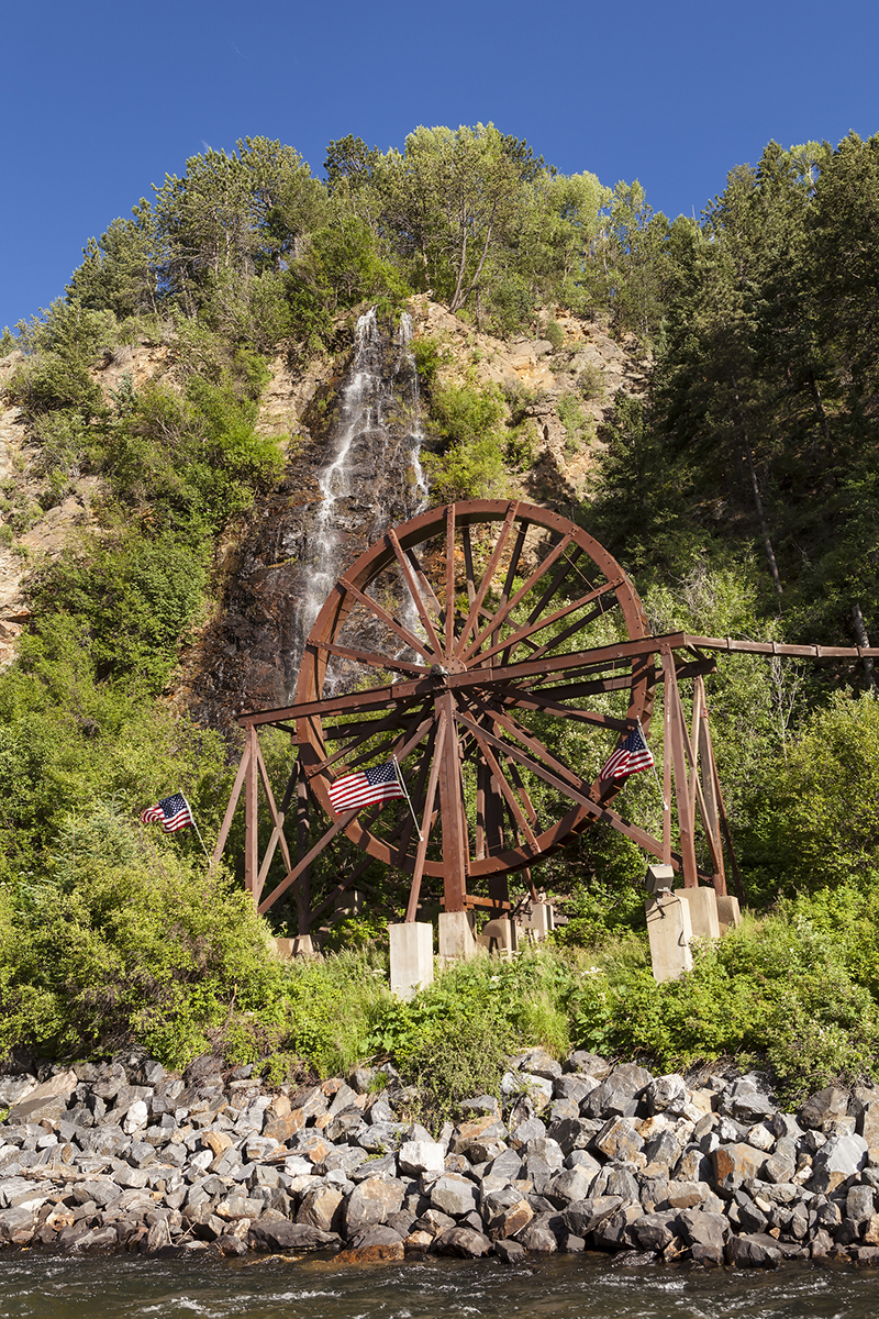 Waterfall and water wheel in Idaho Springs Colorado